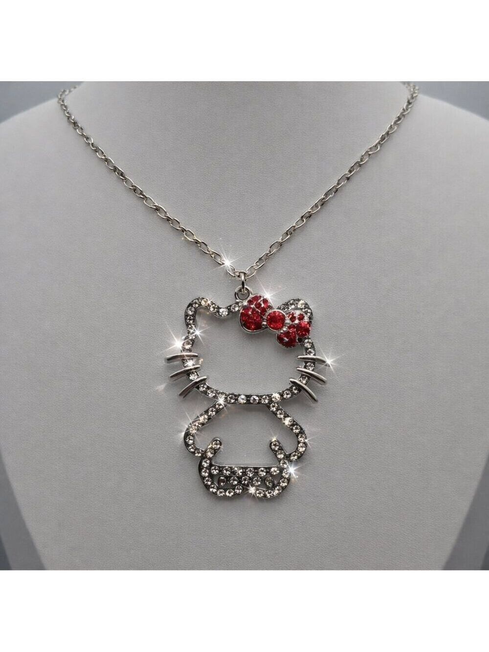 Hello Kitty Red Bow Crystal Pendant Silver Chain Crystal Rhinestone Cute